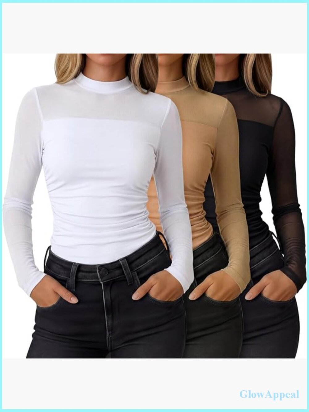 3 Pack Sheer Mesh Tops Long Sleeve Mock Neck Ruched Fitted Blouse Clubwear